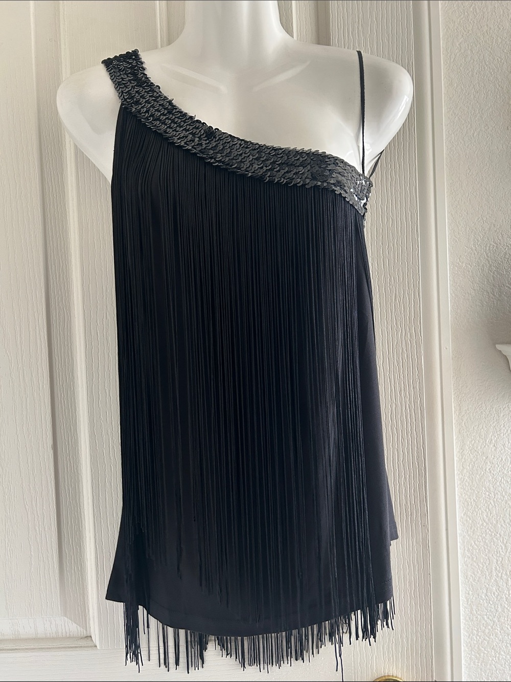 PATTY KIM Black One-Shoulder Fringe Top with Sequin Trim